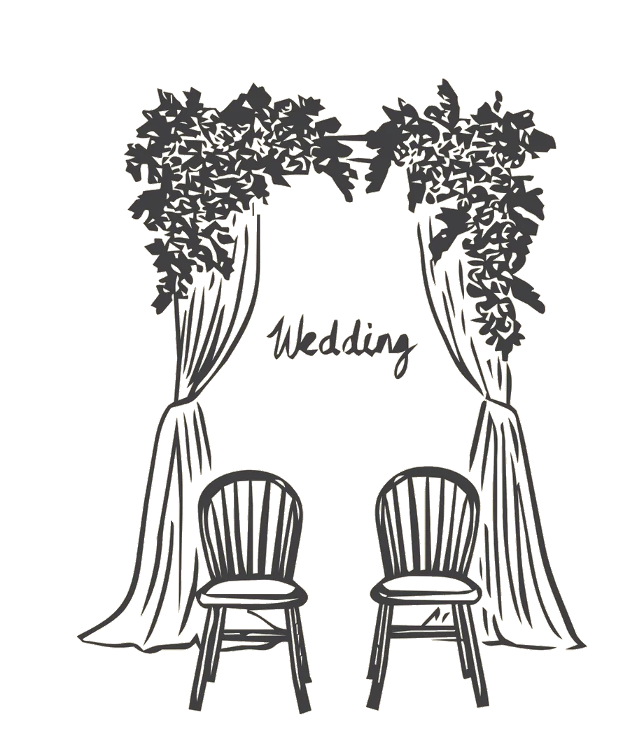 Illustration eines Traubogens mit Blumen und zwei St&uuml;hlen f&uuml;r eine freie Trauung
